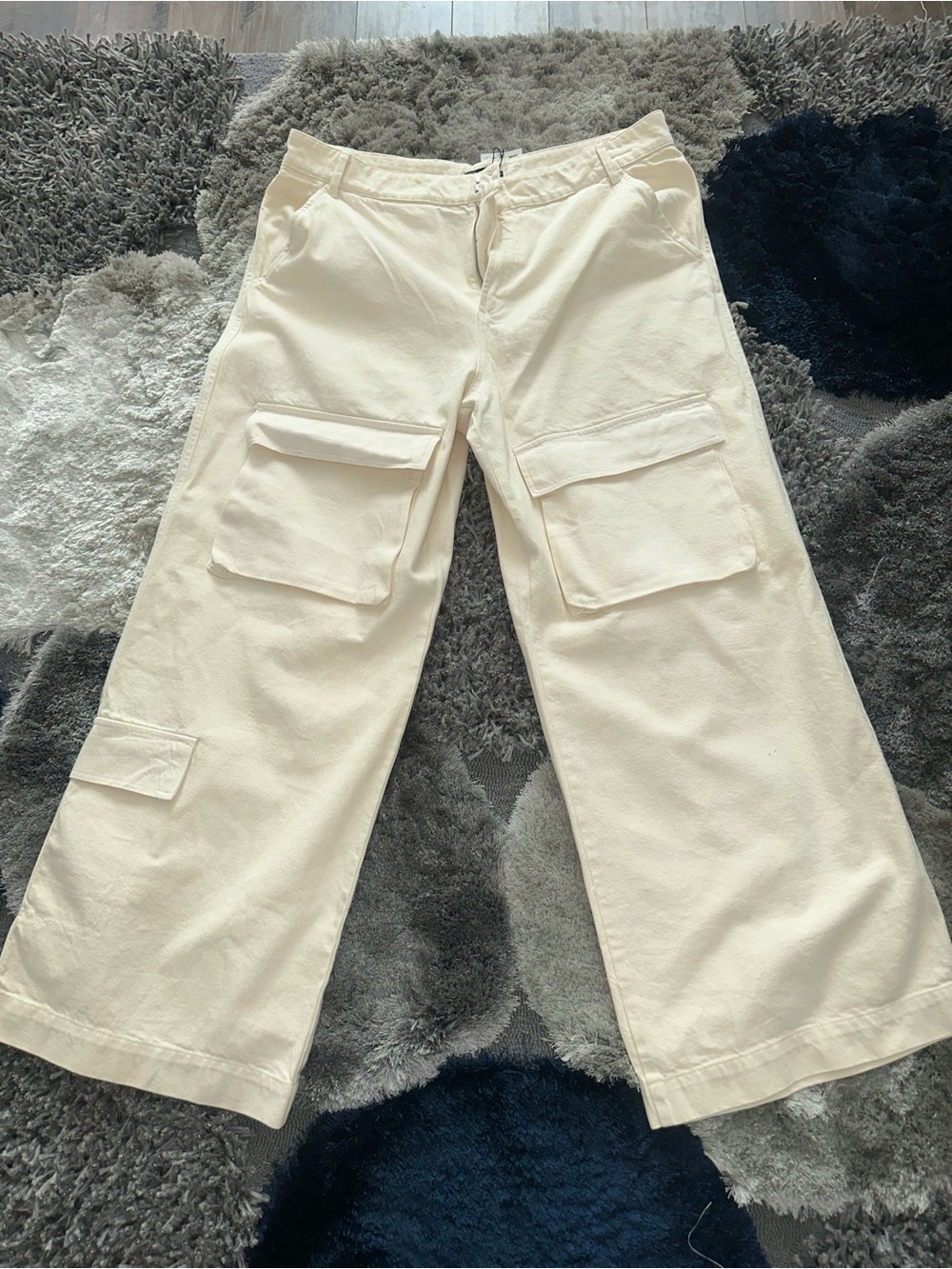 Zara XXL Cream Wide Leg Cargo Pants Utility Pocket High Rise Baggy Trousers